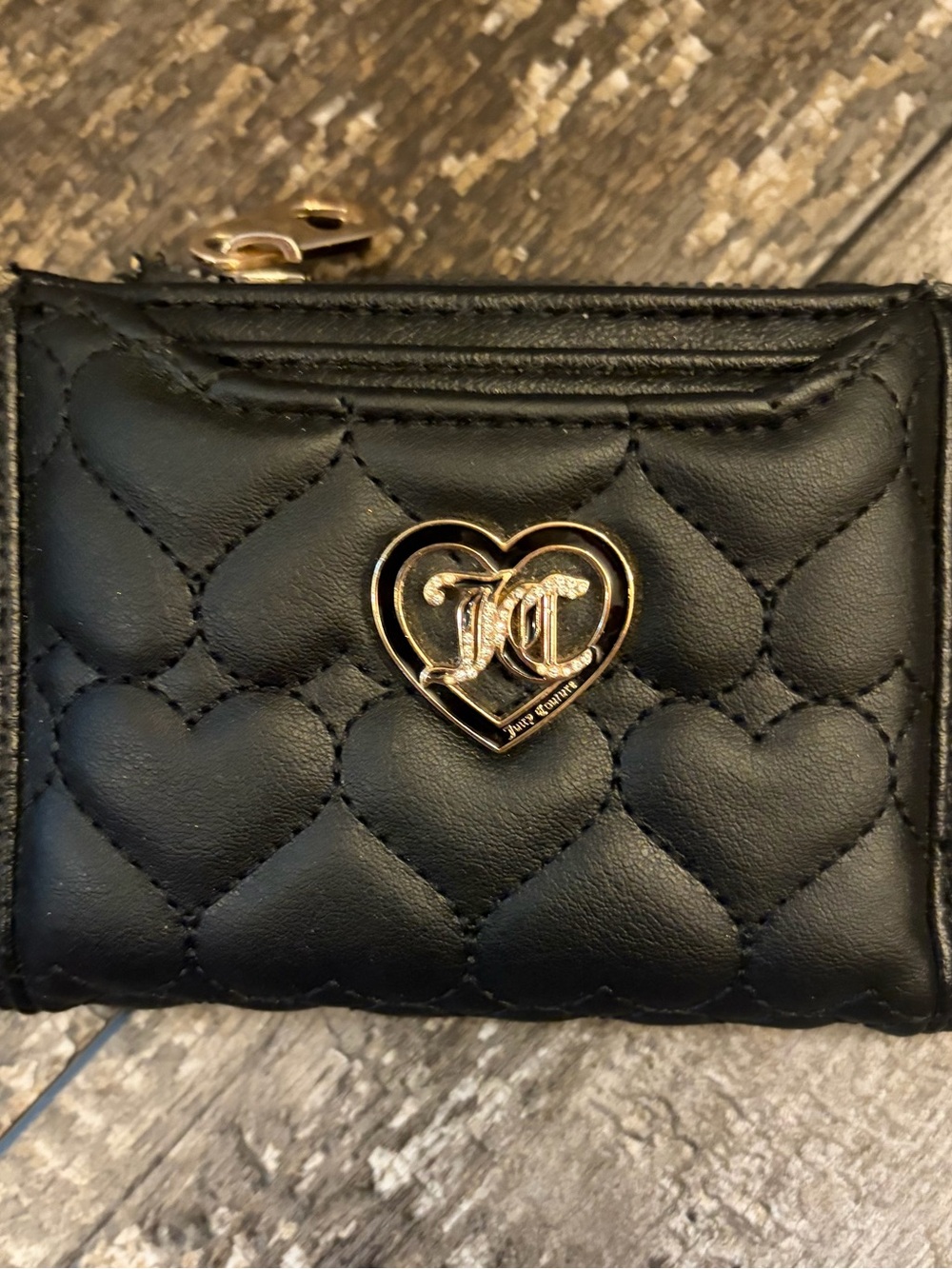 Juicy Couture Black Quilted Heart Zip Wallet with Gold Heart Emblem